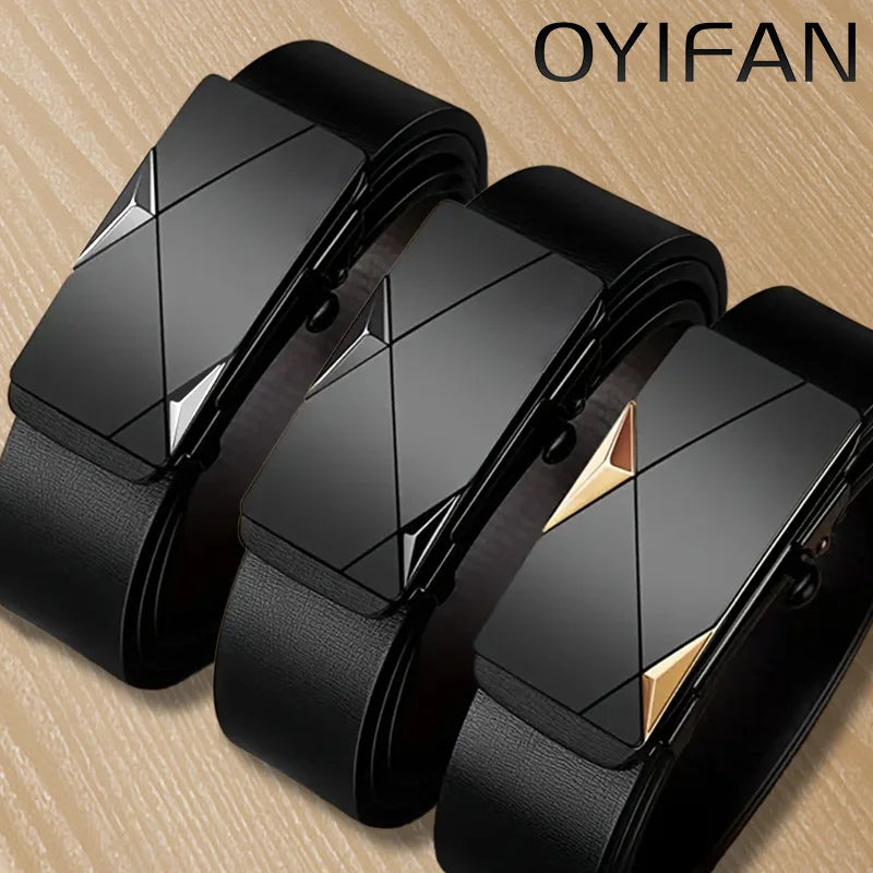 Cinto Masculino OYIFAN Fashion - Cinto de Couro Genuíno com Fivela Automática e Ajuste por Catraca com Regulagem Aleatória